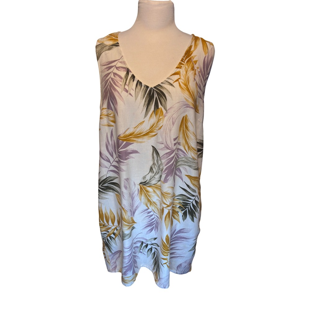 Orvis Shift Dress Women Large Multicolor Excellent Tropical Leaf Linen Pockets